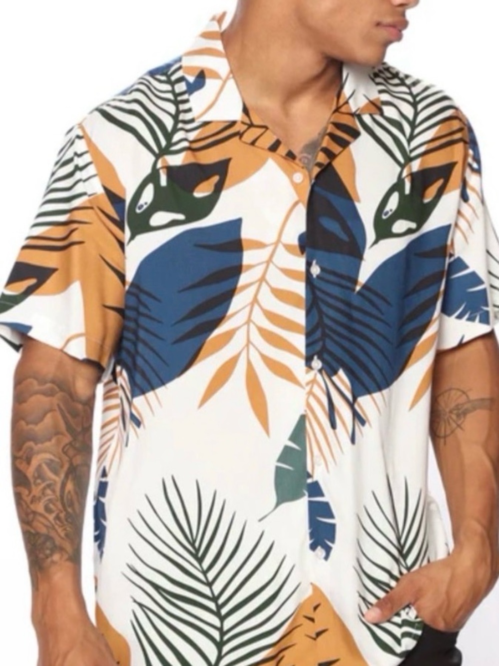 Denim & flower mens button down shirt